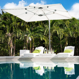 Image of white Ocean Master Max cantilever parasol with polished aluminum mast and ribs