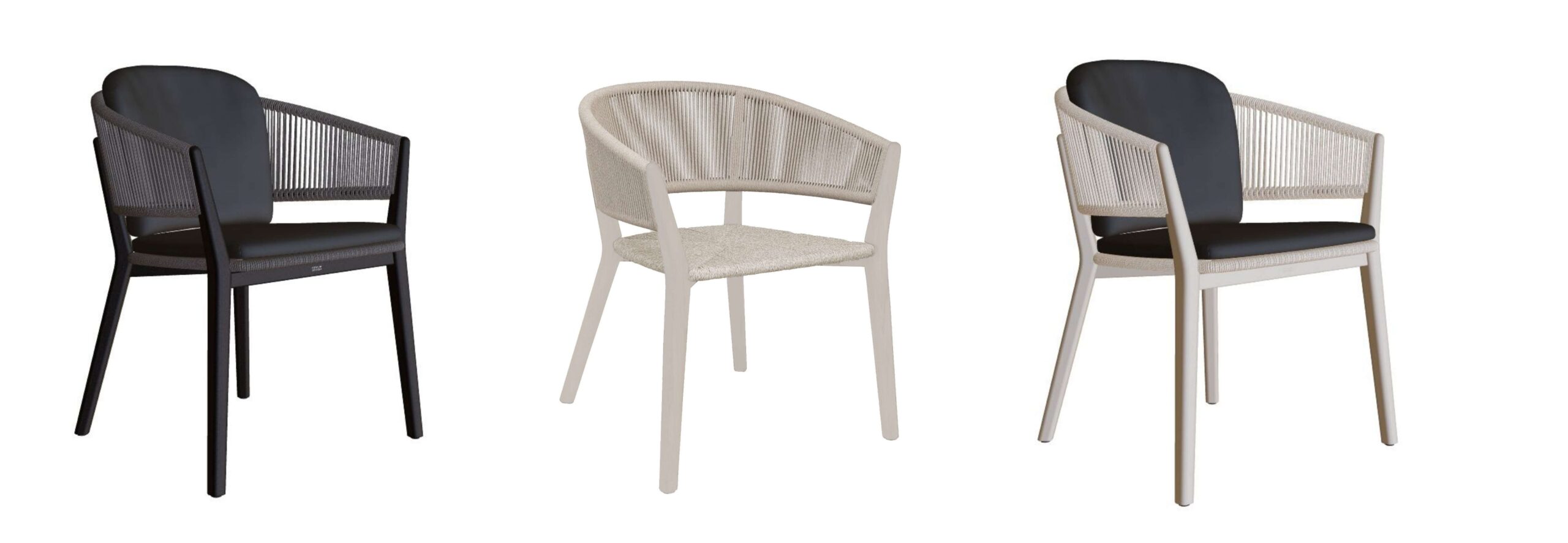 Studio images of different finishes of Cares aluminium dining chair by Royal Botania