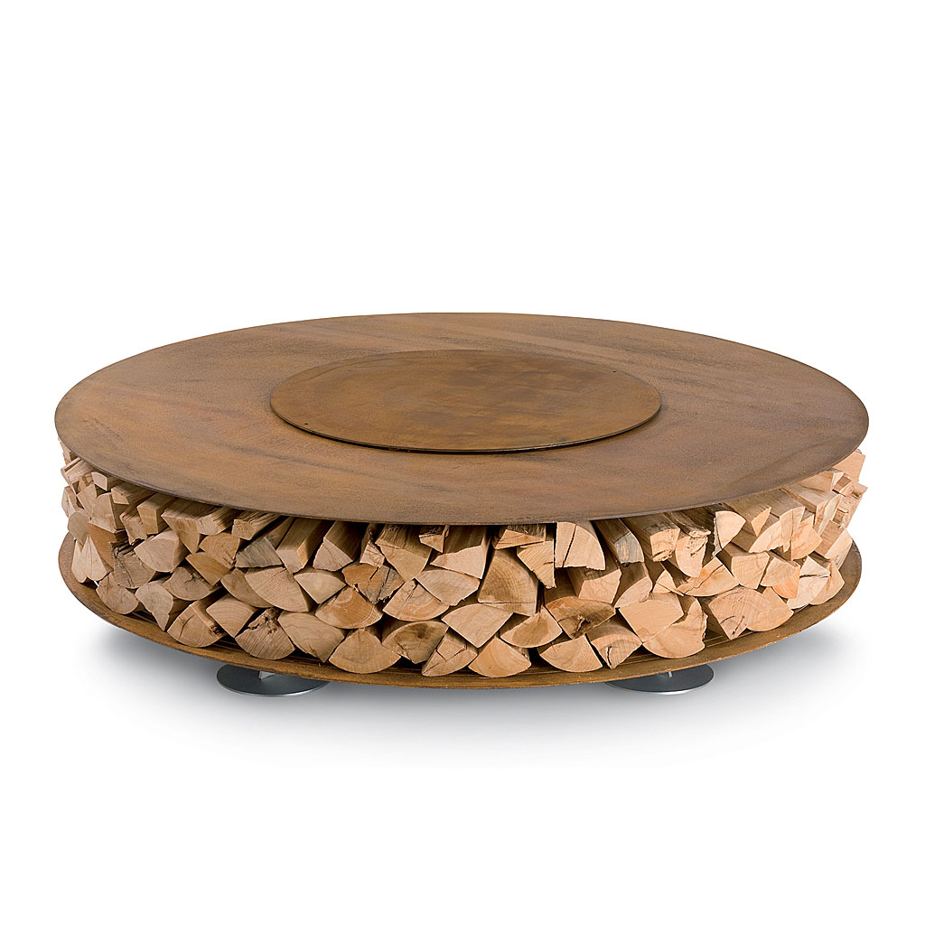 AK47 Zero circular fire pit is a 1.5 m Ø modern fire pit with fire pit log store in all weather firepit materials by AK47 Design Italian firepit company