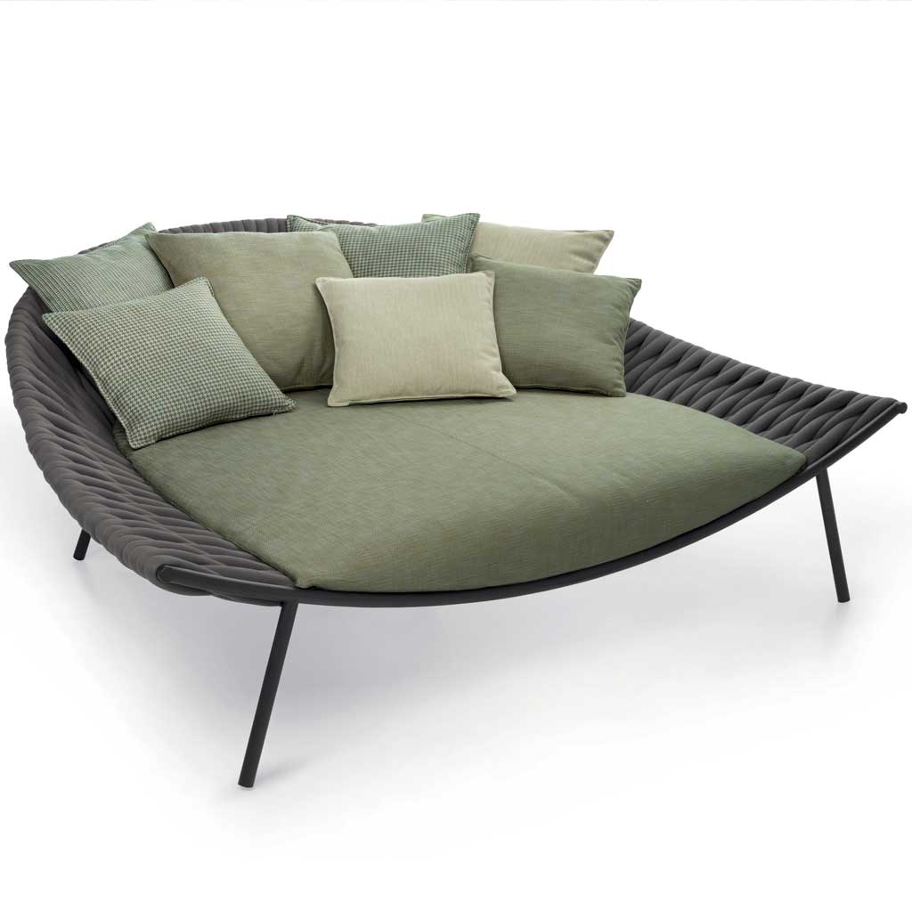 Image of Arena modern garden daybed with grey webbing and olive green cushions