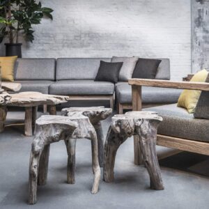 Image of group of 3 Gommaire Cumi teak low tables with Copenhague luxury teak lounge furniture in the background
