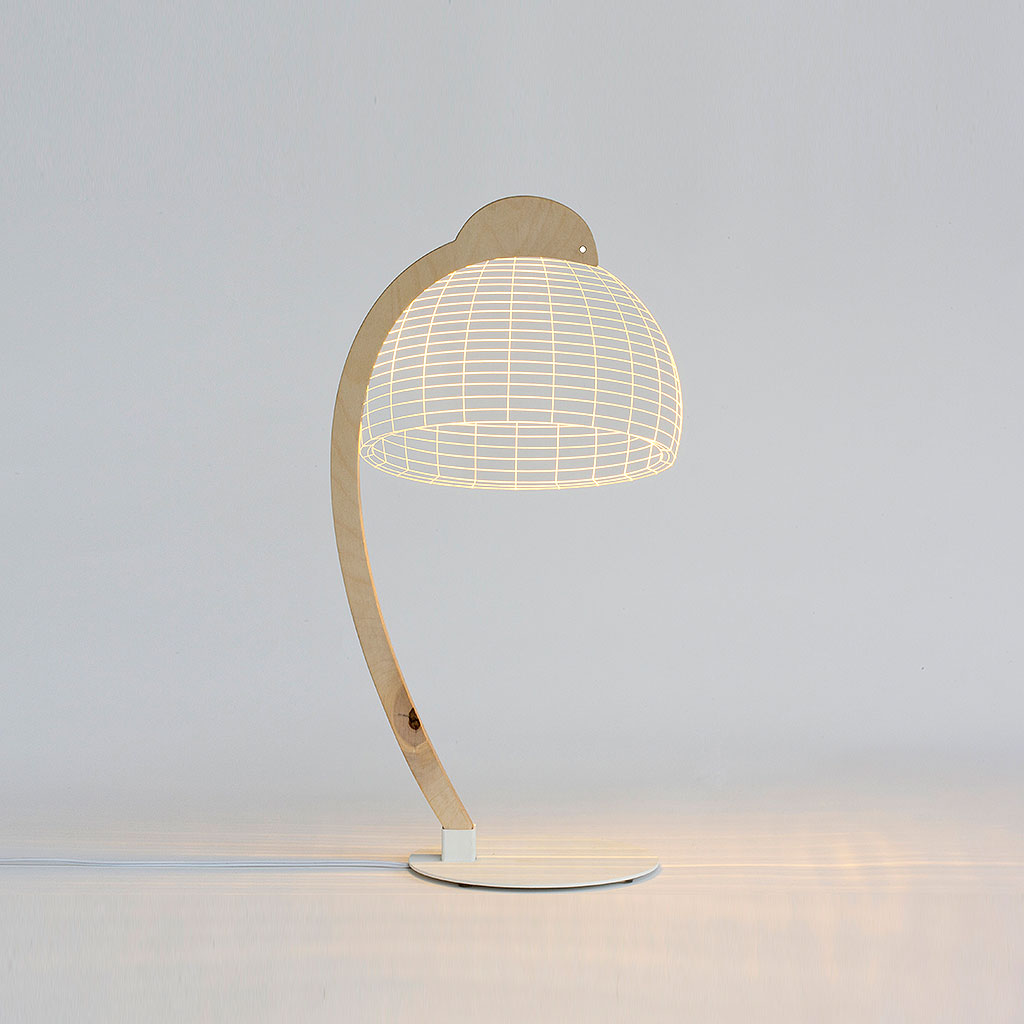 Studio image of Dome LED table light with acrylic glass light shade, plywood stem and white steel base by Studio Cheha