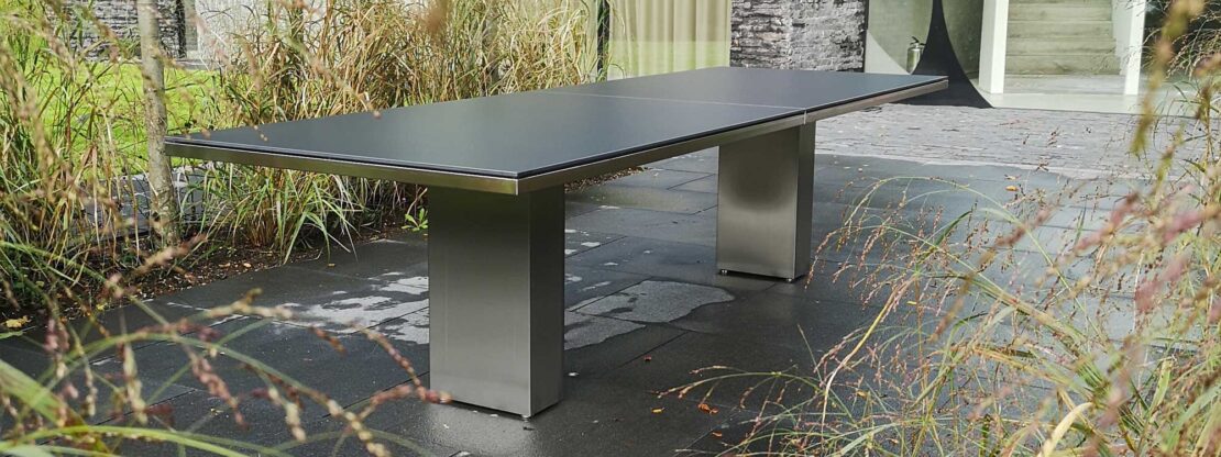 Doble minimalist garden furniture includes an architectural garden table & linear garden chairs by FueraDentro modern garden furniture