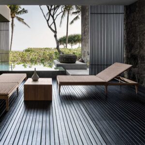 Image of Gloster Lima teak sun lounger with woven synthetic wicker seat & back