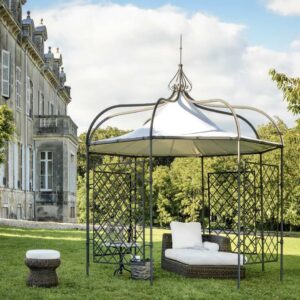 Image of Unopiu Solaire octagonal pavilion steel gazebo with waterproof ceiling outside palacial Italian surroundings