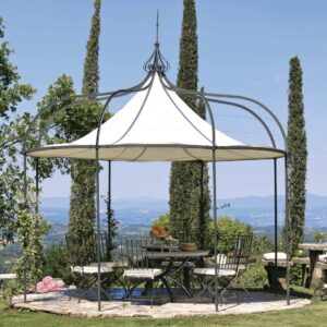 Image of Unopiu Solaire round pavilion gazebo with Cypress fir trees in the background