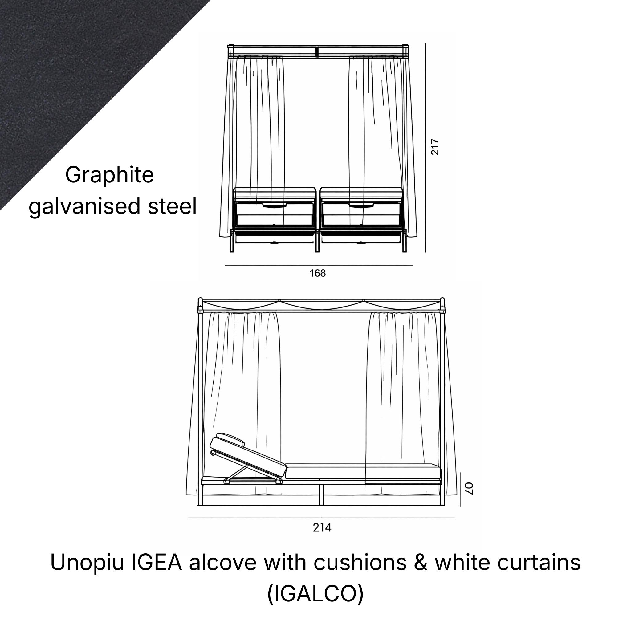 Image of render of Unopiu Alcove cabana daybed with dimensions