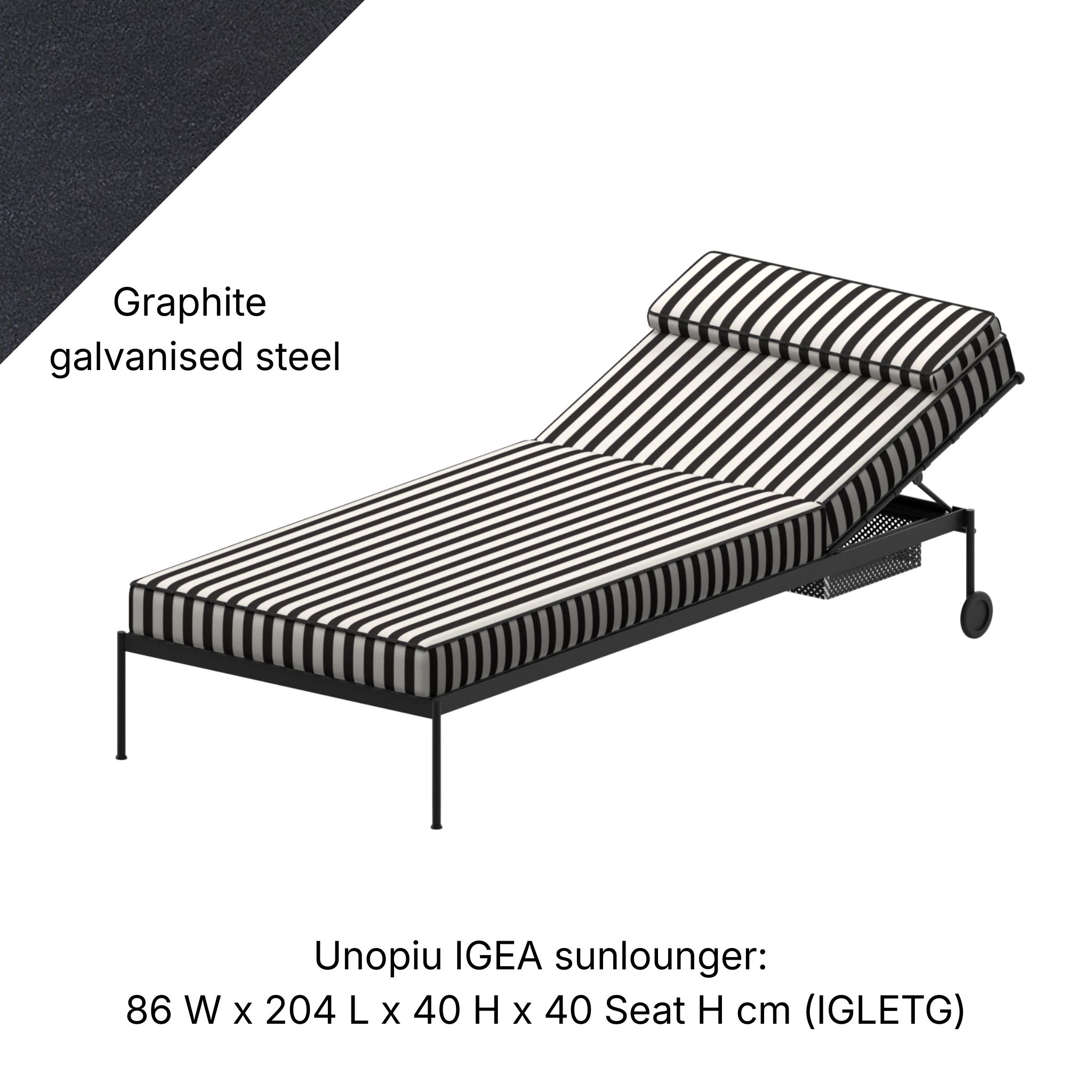 Studio image of Unopiu Igea sunbed with dimensions