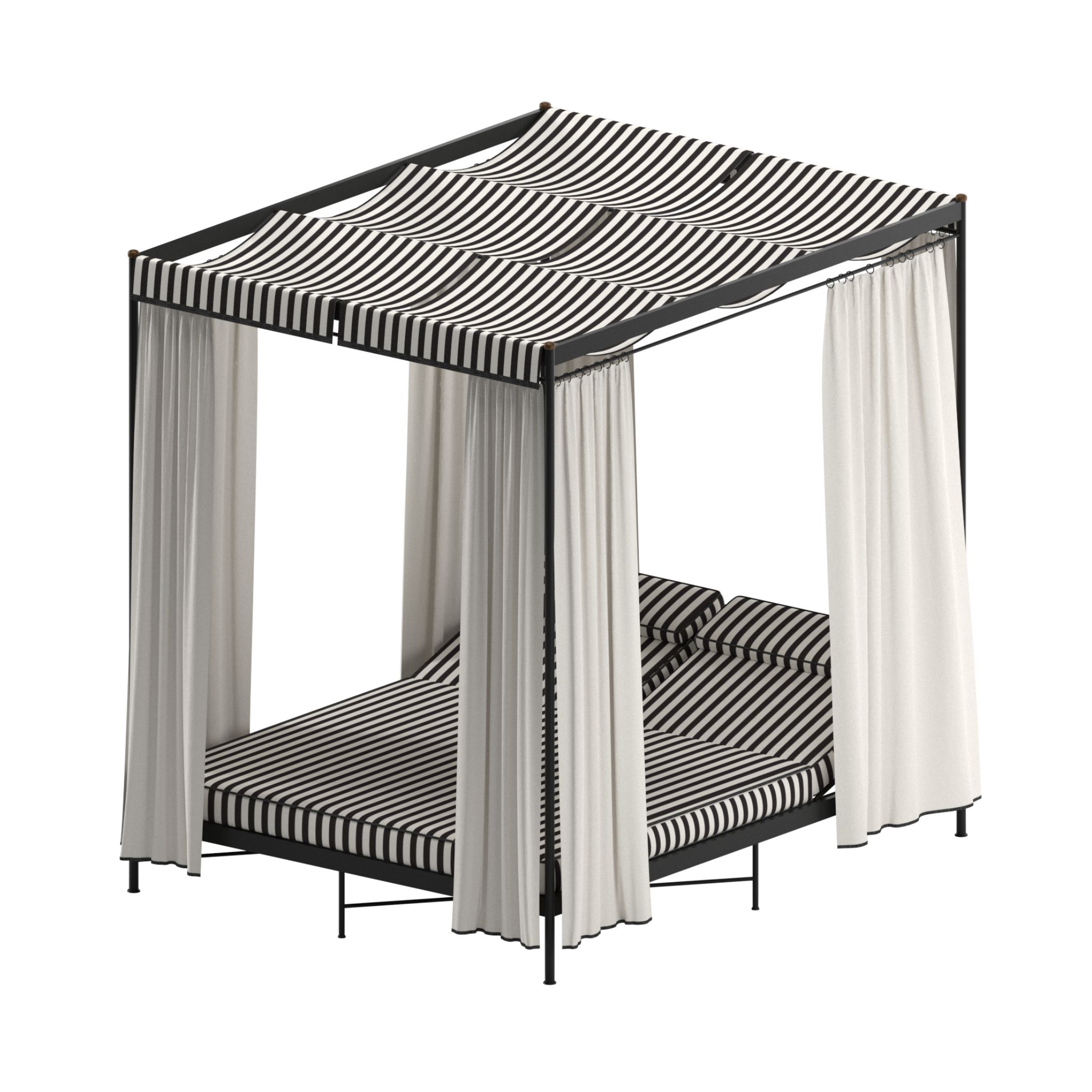 Image of render of Unopiu Igea cabana daybed with cushions, curtains, and fabric ceiling